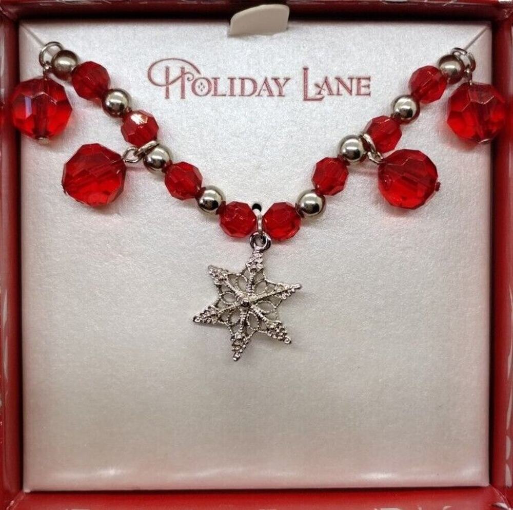 Holiday Lane Women's Necklace - Red Silver Tone Beads - Star Pendant